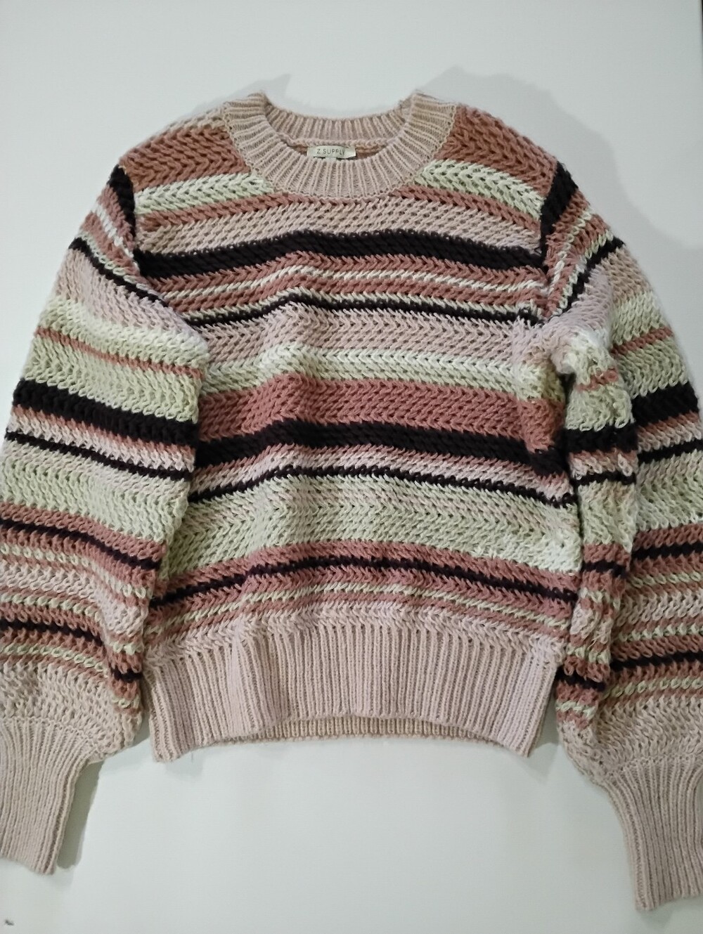Z Supply Asheville‎ Stripe Chunky Knit Sweater Womens Large Pink Maroon Cream